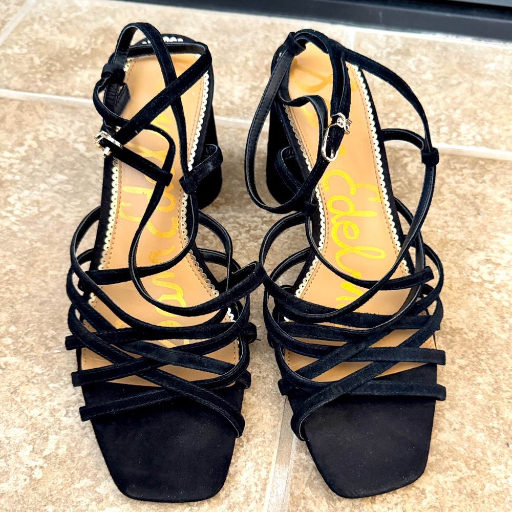 Sam Edelman “Daffodil” Black strappy heels chunky suede size 9.5